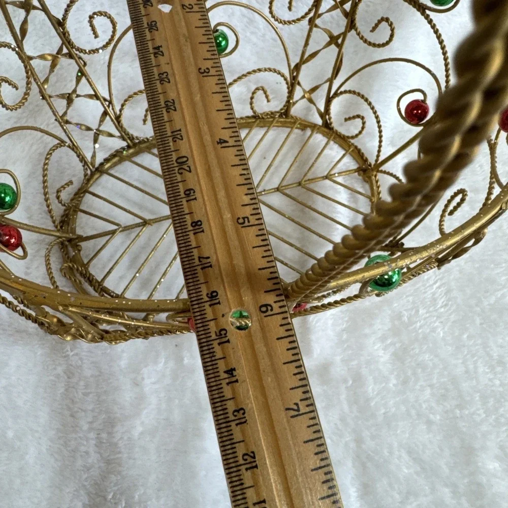 Gold‎ Wire Christmas Basket with Red and Green Ornaments Holiday Decor 11 inch
